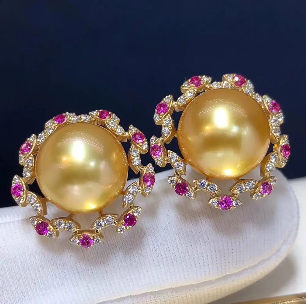 D215 Fine Jewelry Pure 14 K Gold Natural Ocean Golden Pearls 11-10mm Stud Earrings for Women Pearl | Украшения и аксессуары