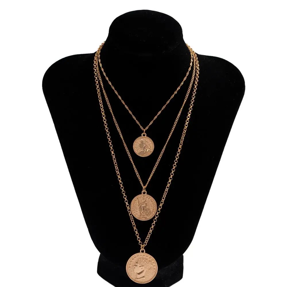 

Vintage Cuban Big Coin Pendant Choker Necklace Collares Multilayer Angel Portrait Tassel Long Chain Necklace Women Neck Jewelry