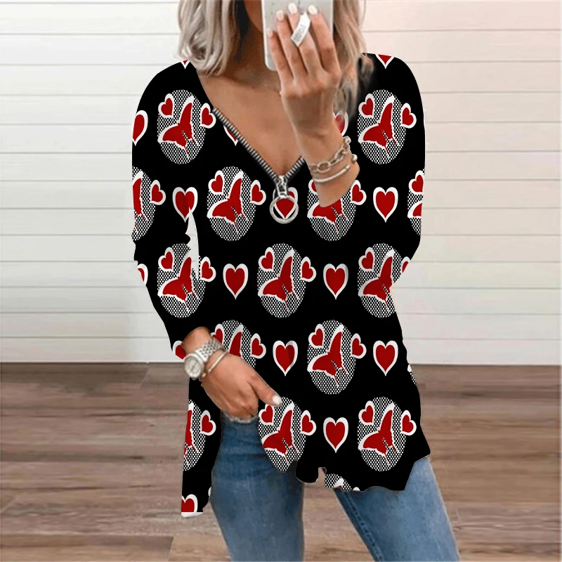 

2021 Elegant Cottagecore V-neck Zipper Top Women Vintage Polyester Cute Print Female Clothes Loose Long Sleeve Oversized T-Shirt