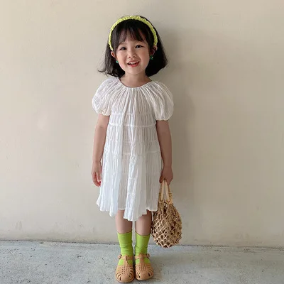 

Новинка лета 2021, плиссированное платье для девочек в Корейском стиле, милые хлопковые детские платья с открытой спиной и бантом, одежда для ...