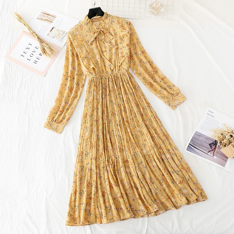 Женское шифоновое платье элегантное винтажное плиссированное с длинным рукавом