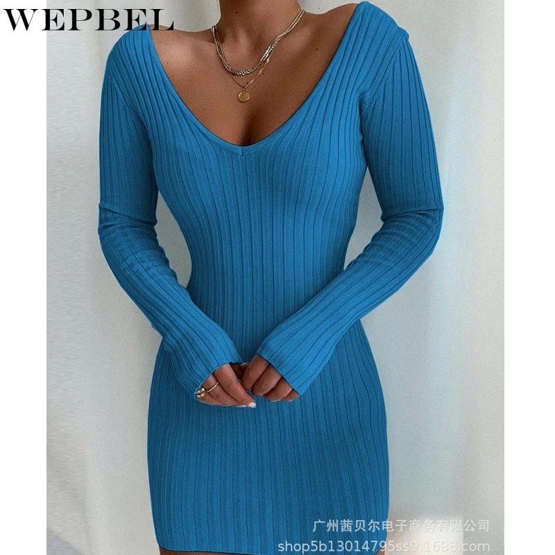 

Модное женское платье WEPBEL с V-образным вырезом, сексуальное однотонное облегающее платье с высокой талией, осеннее платье с открытыми плеча...