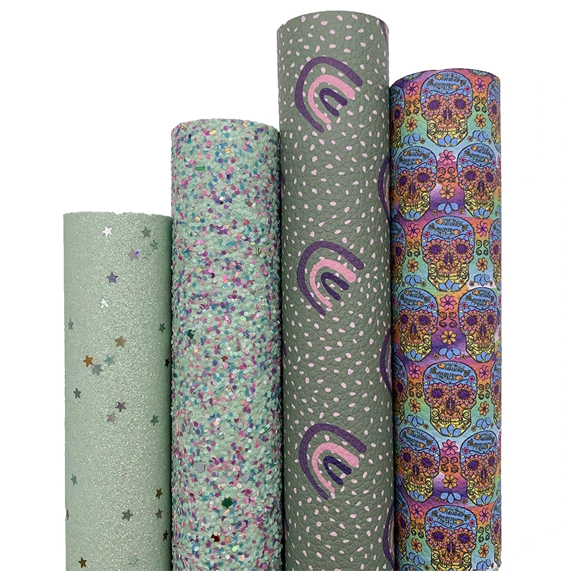 4PCS/SET Green Blue Chunky Glitter Vinyl Fabric Matching with Rainbow Skulls Printed Faux Leather For Bows DIY 21X29CM Q149