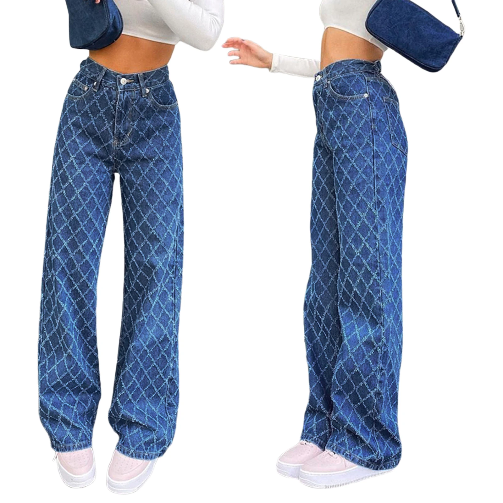 

Fashion Long Denim Trousers 90s Vintage Argyle Woman High Waist Straight Jeans Pants Capris Froll Plaid Y2K Streetwear Clothes