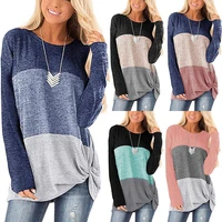womens 2021 spring autumn t shirt casual round neck long sleeved pullover female loose color matching twisted top