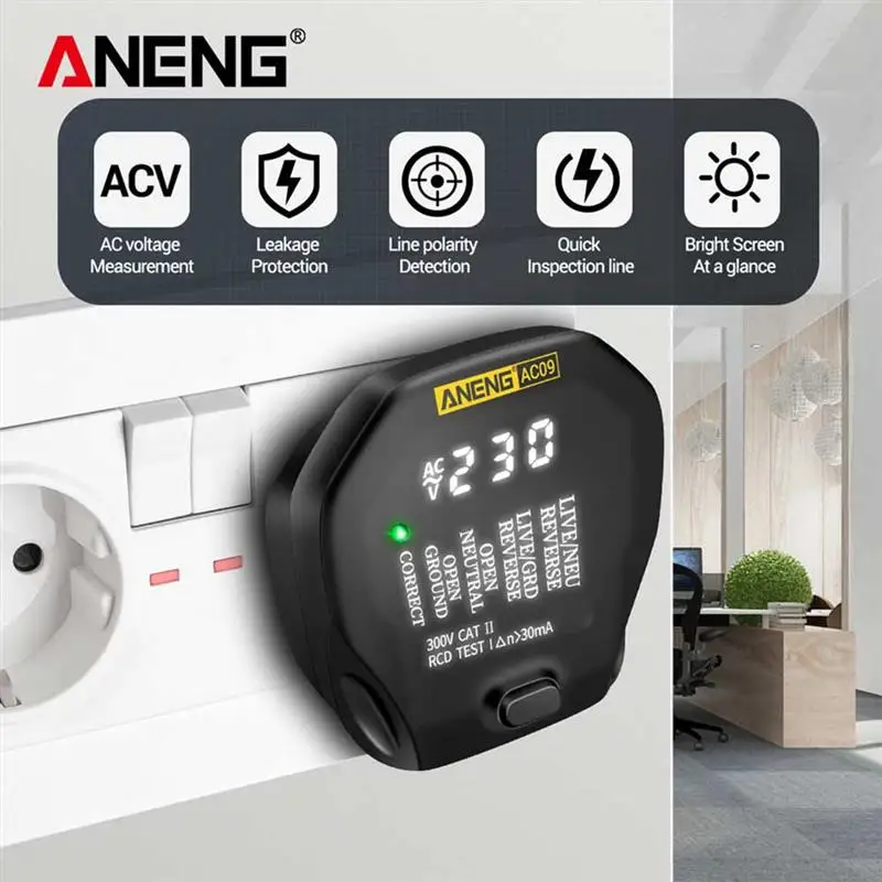 

Детектор розетки ANENG AC09 для измерения напряжения, нейтральный измеритель заземления под напряжением, с вилкой Стандарта США/Великобритании...