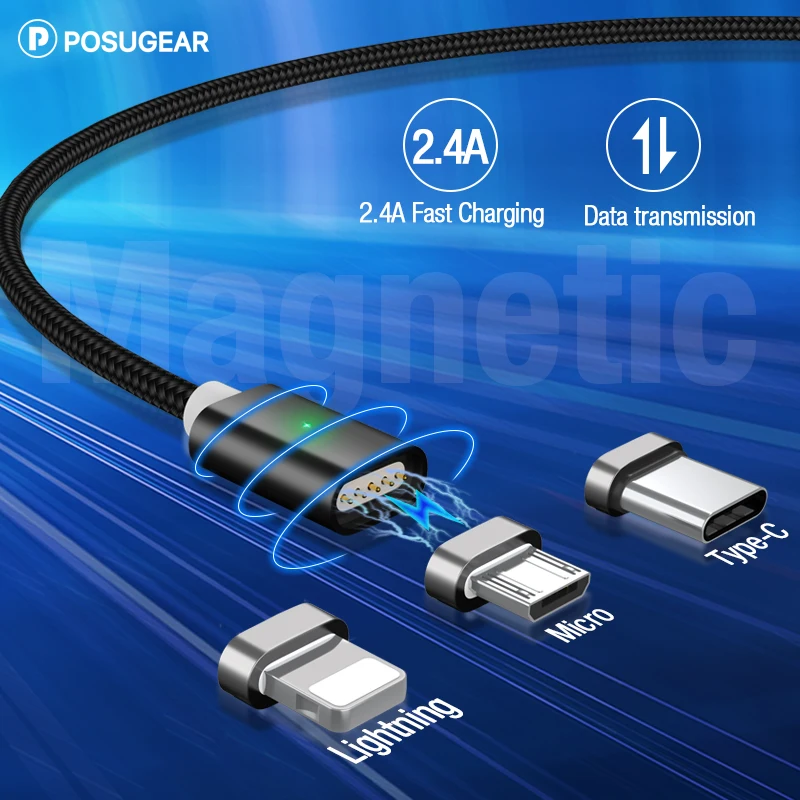 Posugear Магнитный 3 в 1 кабель для быстрой зарядки USB Type C & Micro м iphone зарядный Samsung