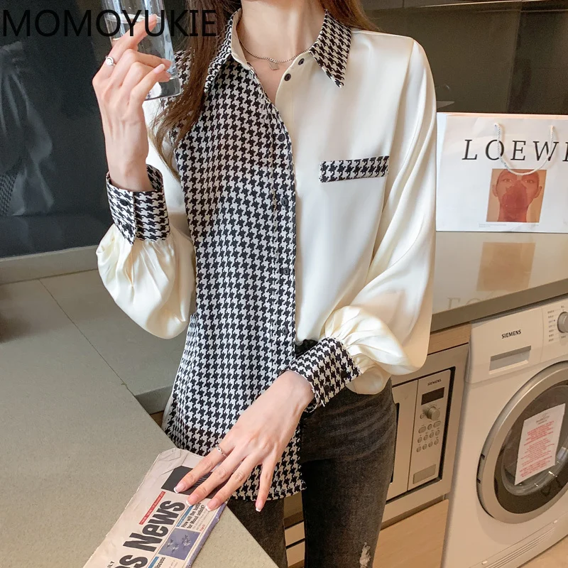 С рисунком гусиные лапки атласная блузка для женщин офисные женские туфли Топы в