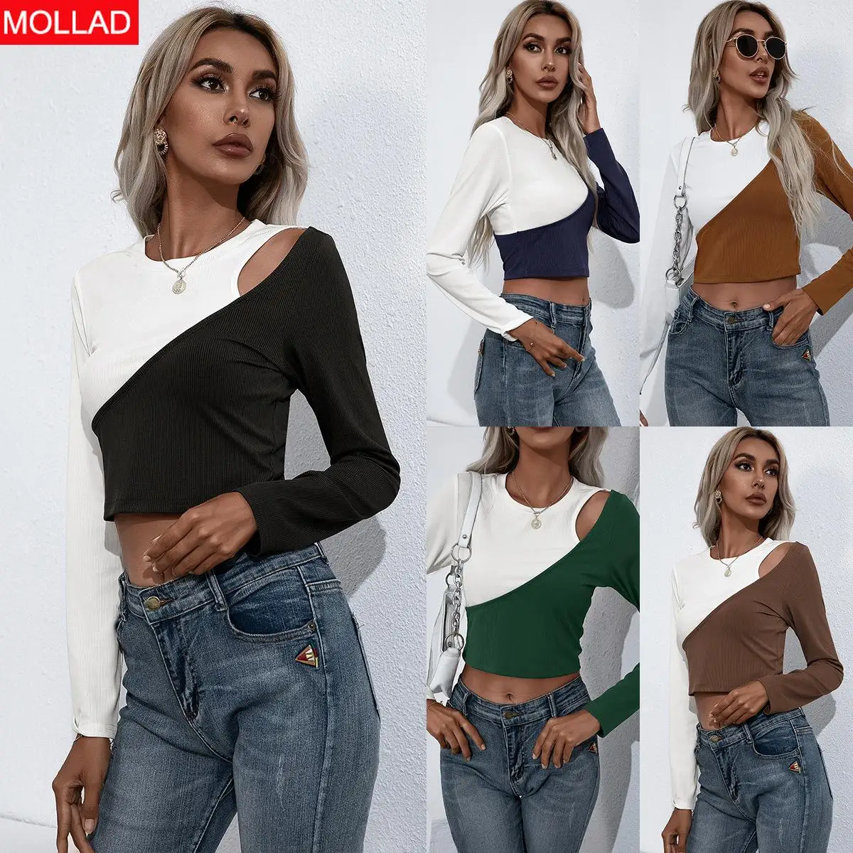 

Fall/Winter Slim Navel Stitching Contrast Colors Slimming Ultra Short Sexy round Neck Long Sleeve T-shirt Top for Women
