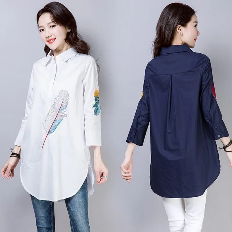 100% хлопок плюс размер перо вышивка Белая Длинная блузка для женщин 3/4 рукав