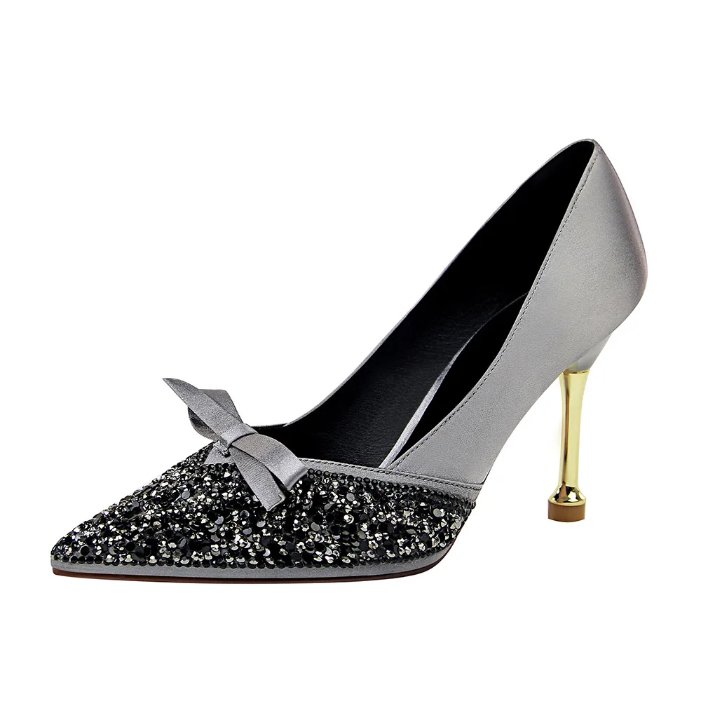 

2021 stylish sexy women's high heels metal heeled satin shallow tip sequin water drill bow women's single shoes