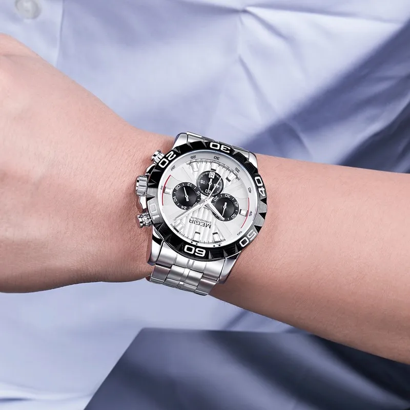 

MEGIR 2087 Mens Fashion Luxury Business Chronograph Trend Steel Band Waterproof Sports Quartz Wristwatch Male Clock Watches