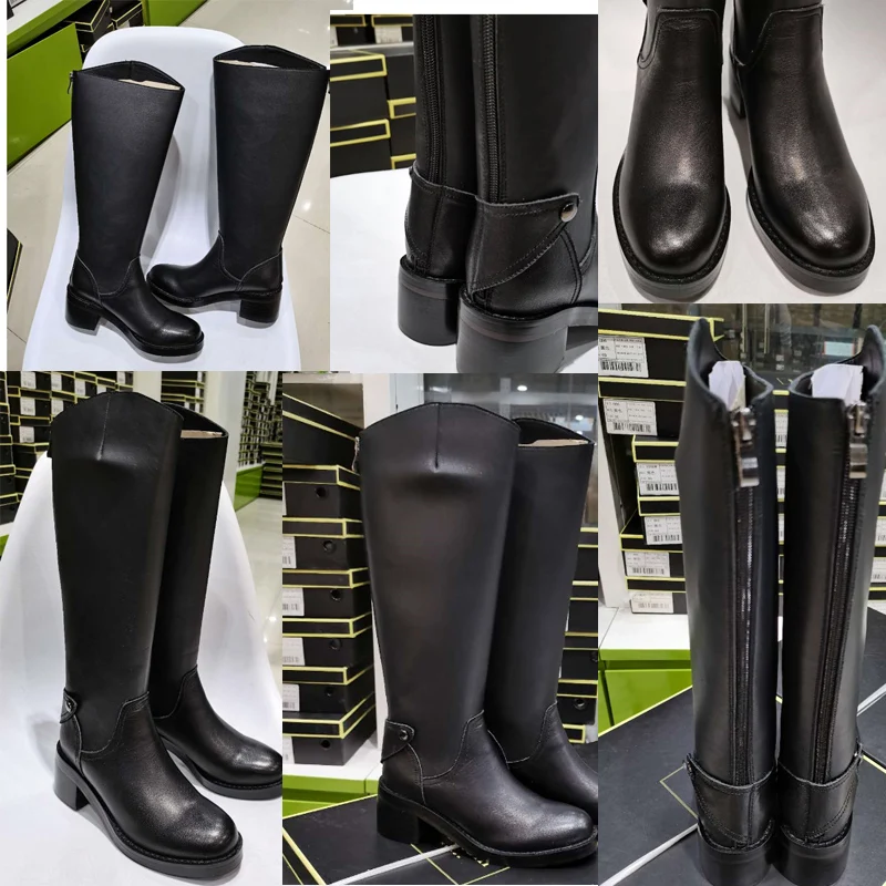 

2021 new spring shoes Women knee-high boots natural Leather 22-27cm length 6cm heel cow leather over the knee boots black boots