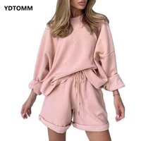 solid color hoodie shorts two piece lady loose casual suit female pullover round neck 2 piece wholesale clothing women set