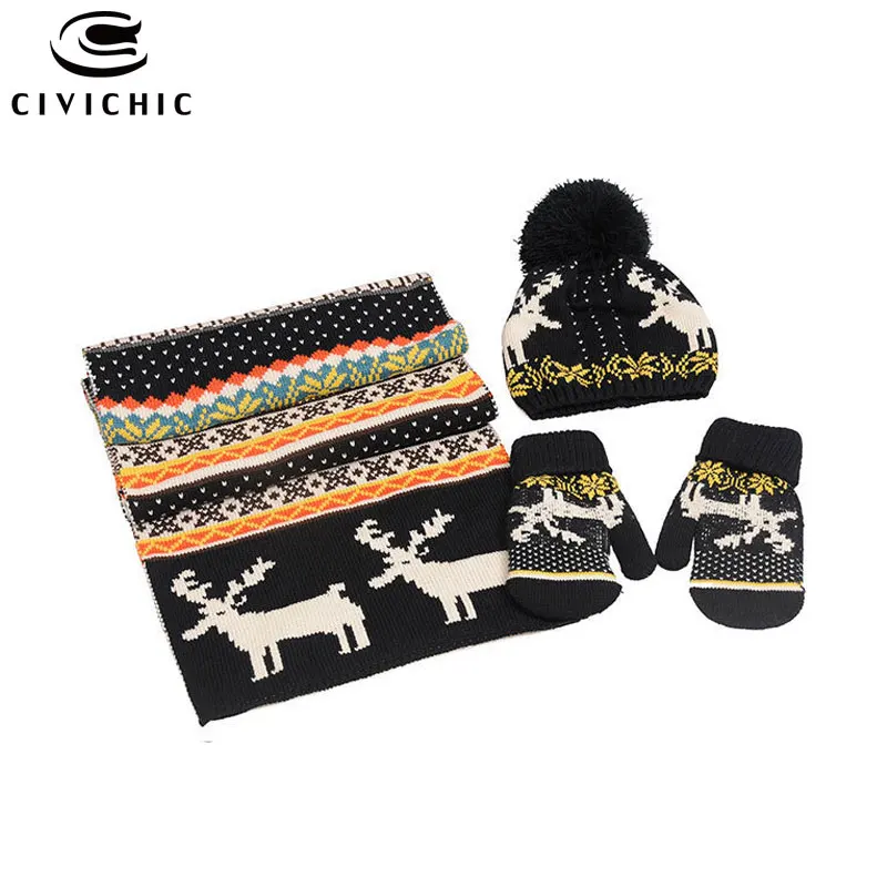 Black 3PCS Шикарный осенне-зимний Рождественский трикотаж, шапка, шарф, перчатки, комплект из 3 предметов, теплые флисовые рождественские шапочки с помпоном, вязаные крючком шапки, шали, шапки, варежки SH115 - Цвет: Black 3PCS
