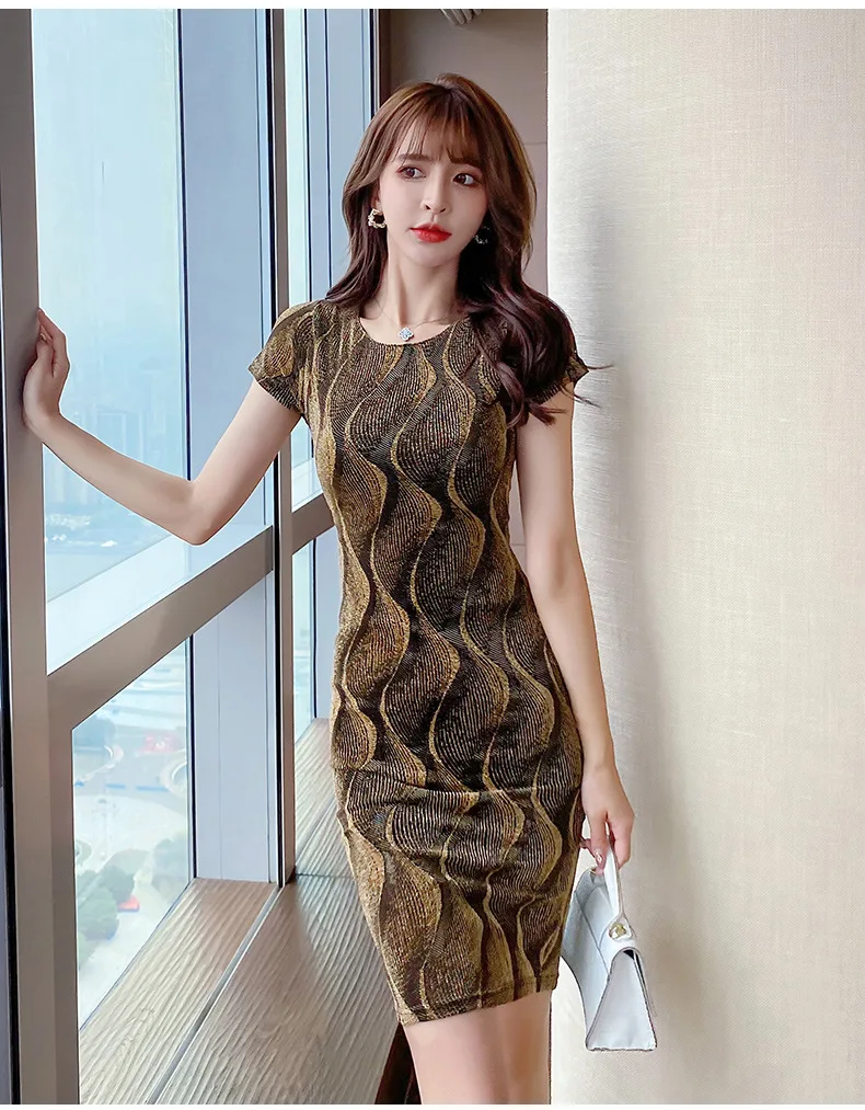 

Женское облегающее платье с коротким рукавом, летнее Новое Привлекательное платье с разрезом и золотым волнистым узором, однослойная юбка ...