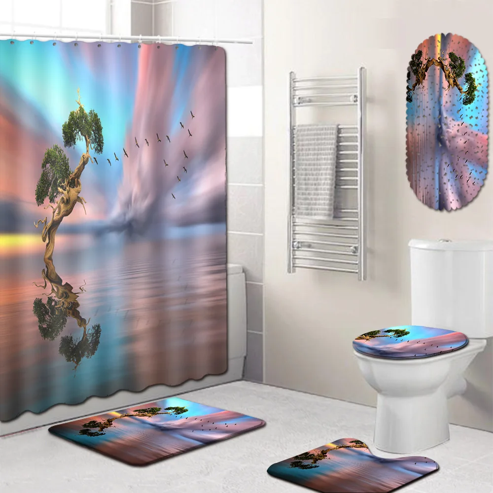 

Bathroom Waterproof Shower Curtain Mat Toilet Cover Mat Bathtub Mat Five-Piece Carpet bathroom decoration bath mat set