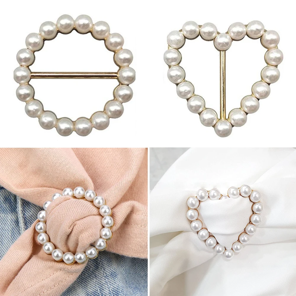 

Fashion Metal T-shirt Clip Pearl Buckle Shirt Clips Round Heart Shaped Scarf Tie Coat Ring Wrap Holder For Clothing Neckerchief