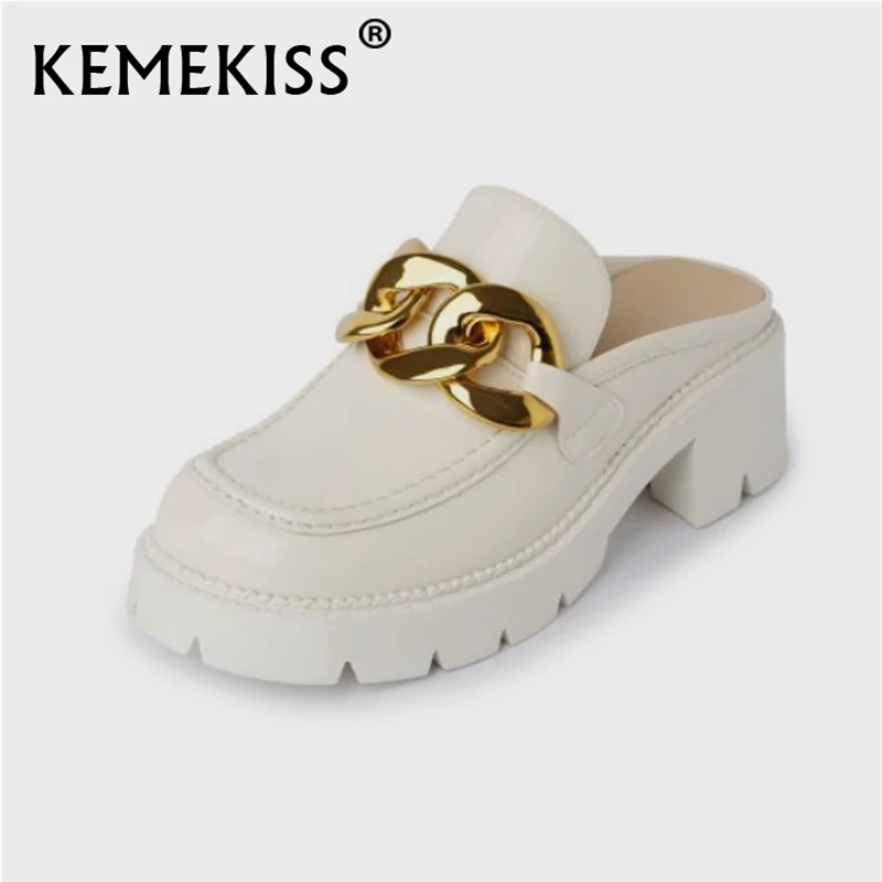 

Новинка от KemeKiss, модная Высококачественная обувь из натуральной кожи, на толстом высоком каблуке, с металлической цепочкой, лоферы, размер ...