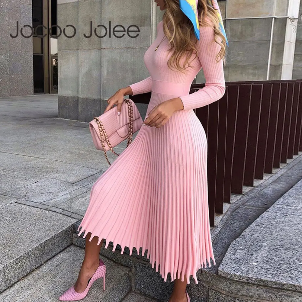 

Jocoo Jolee Elegant Party Pleated Sweater Dress Women Autumn Spring Knitted Long Dress Solid Ribbed Slim Oversized Dresses