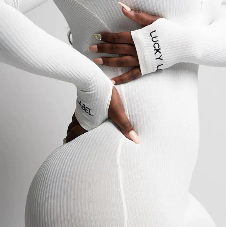

Turtleneck Knit Rib Bodycon Fitness Playsuit Sportswear Long Sleeve Zipper Body Embroidery Lucky Label Rompers Womens Jumpsuit