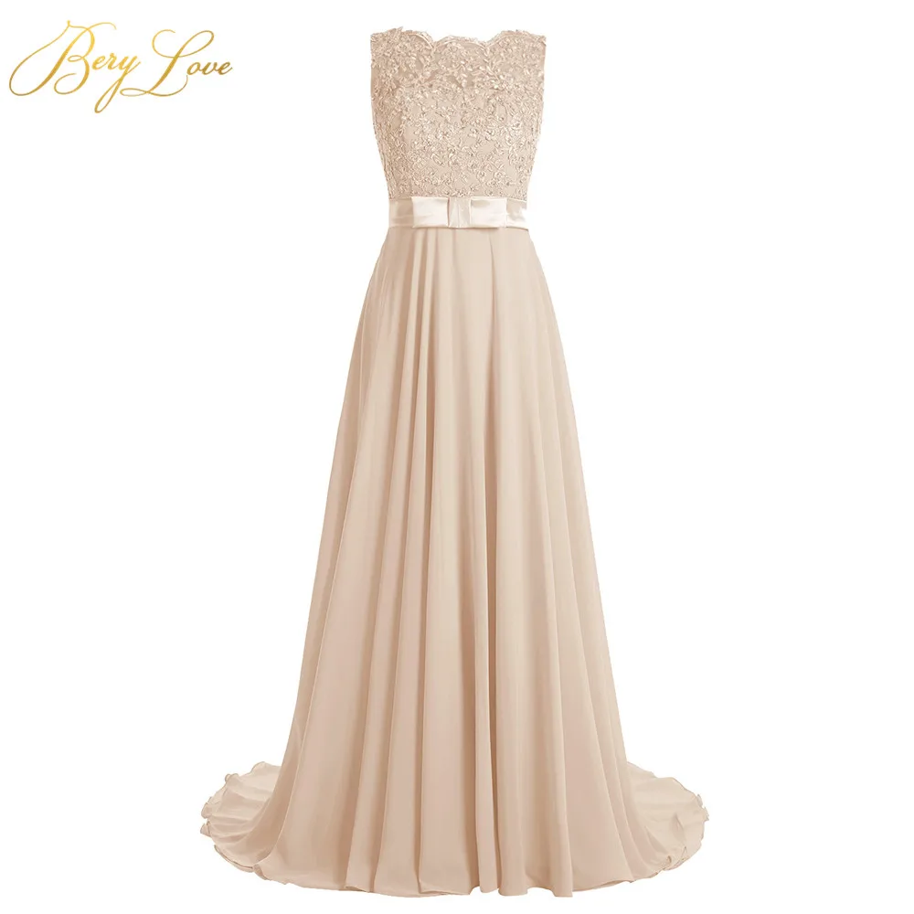 BeryLove Long Blush Evening Dress 2019 Beaded Appliques Vestid Chiffon Prom Bow Knot Belt Illusion Back Formal Party Gown | Свадьбы и