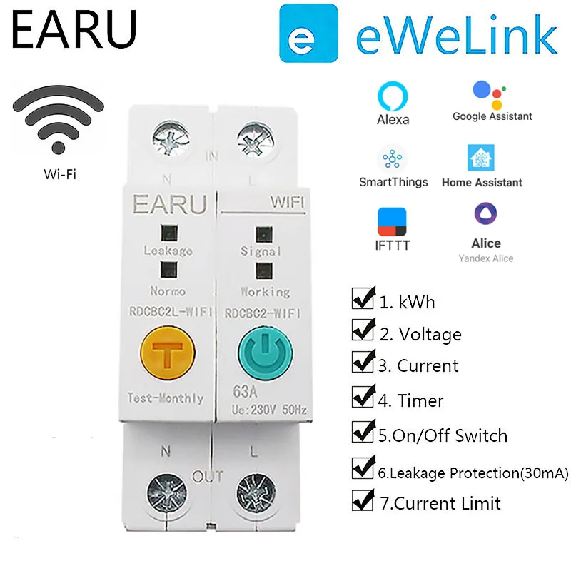 eWeLink 2P WIFI Circuit Breaker Energy Meter kWh Timer Switch Relay Voltmeter Current Leakage Protection RCCB RCBO Limitter