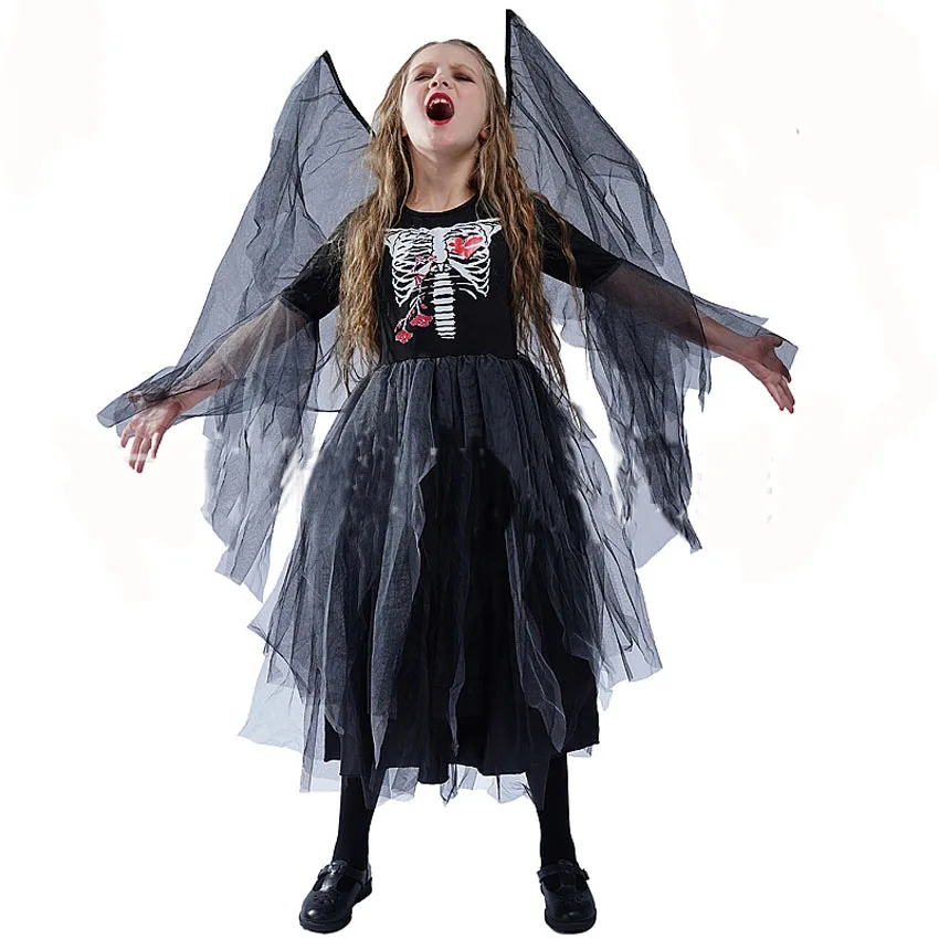 

Girl Women With Wings Halloween Costume Horror Zombie Bride Cosplay Costume Ghost Festival Skeleton Print Scary Gothic Dress
