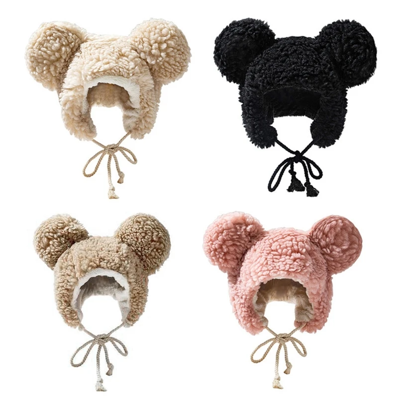 

K3NF Cute Solid Color Bear Ear lei Feng hat Soft Warm Hat Lamb Wool Plush Hat