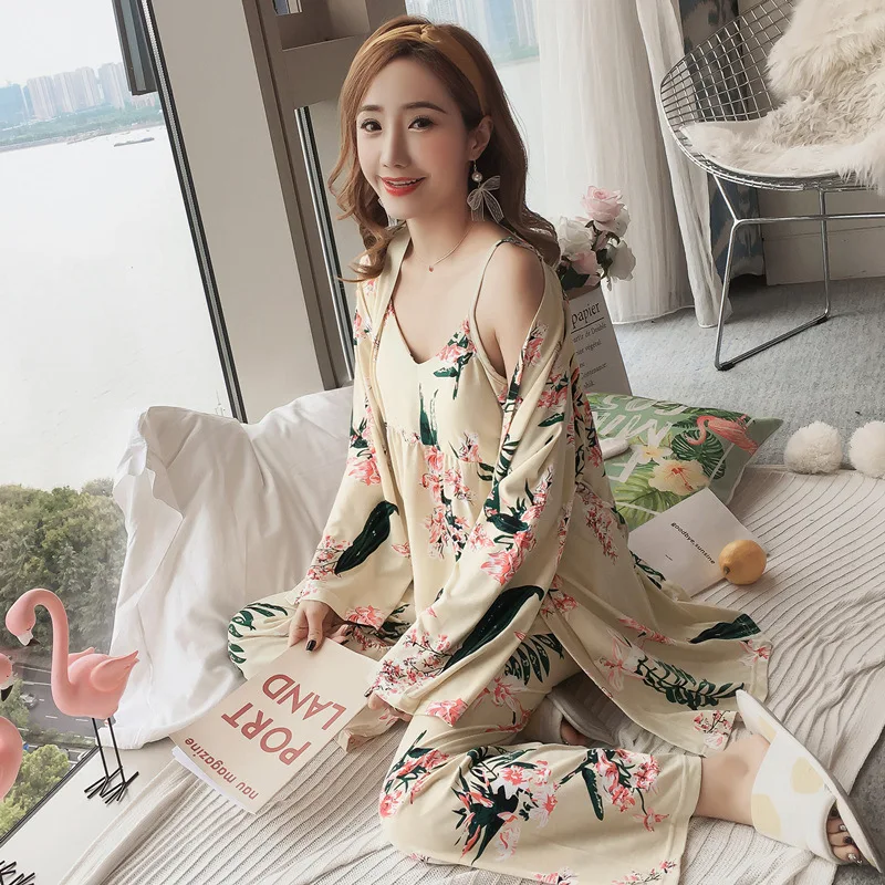 

3pcs Pajamas Sets Floral Women Pajama Beach Cover Ups Nightgown Silk Sleepwear Women's Underwear Robes Set Lingerie