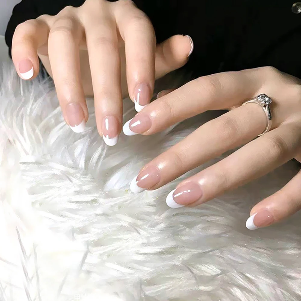 24 шт. натуральные накладные ногти с прозрачным блестящим узором короткие