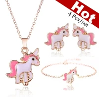 4pcsset necklace earrings cartoon unicorn necklace earring jewelry pink girls gift jewelry jewelry earring and necklace set