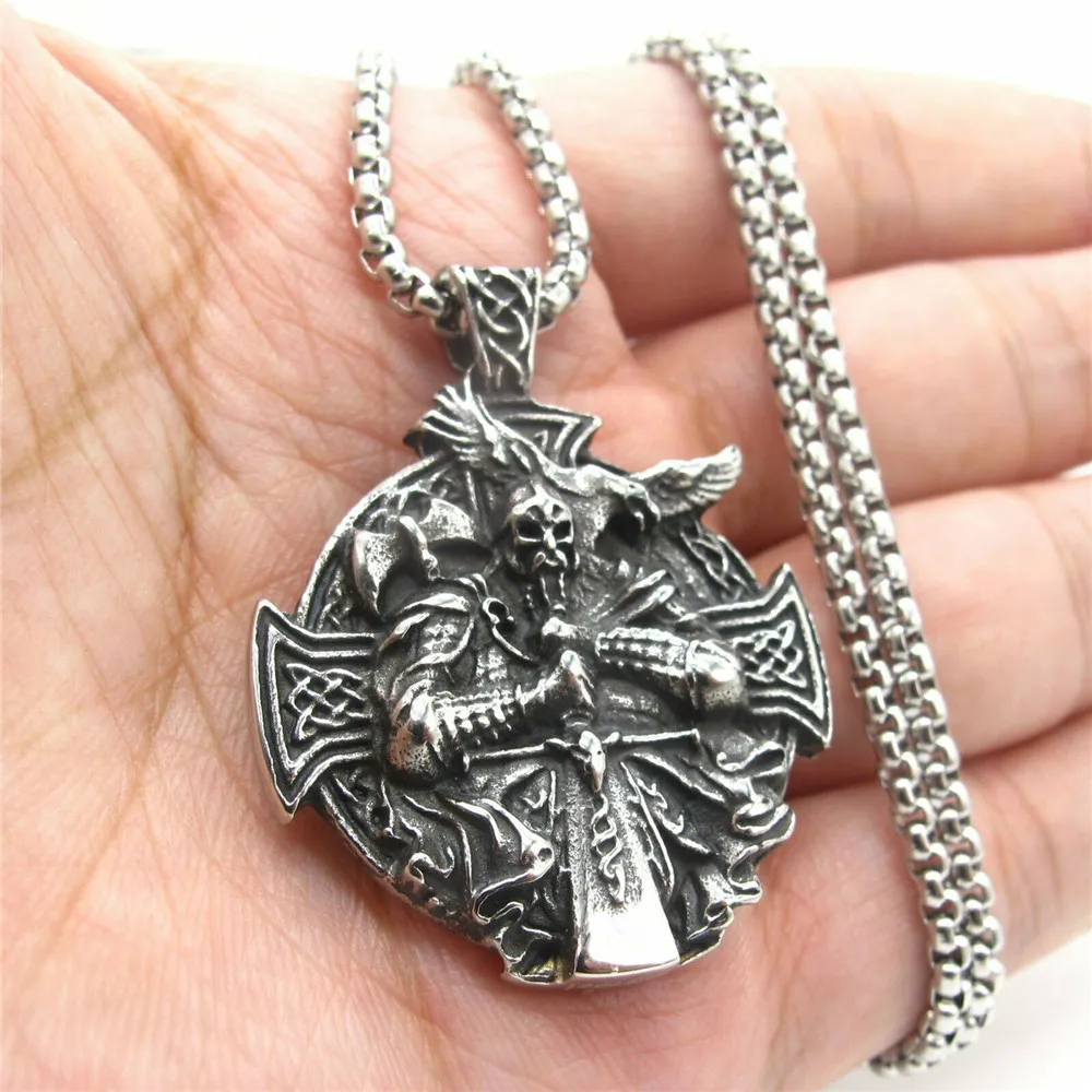 

Mens Stainless Steel Viking Norse Axe Odin Raven Cross Pendant Necklace