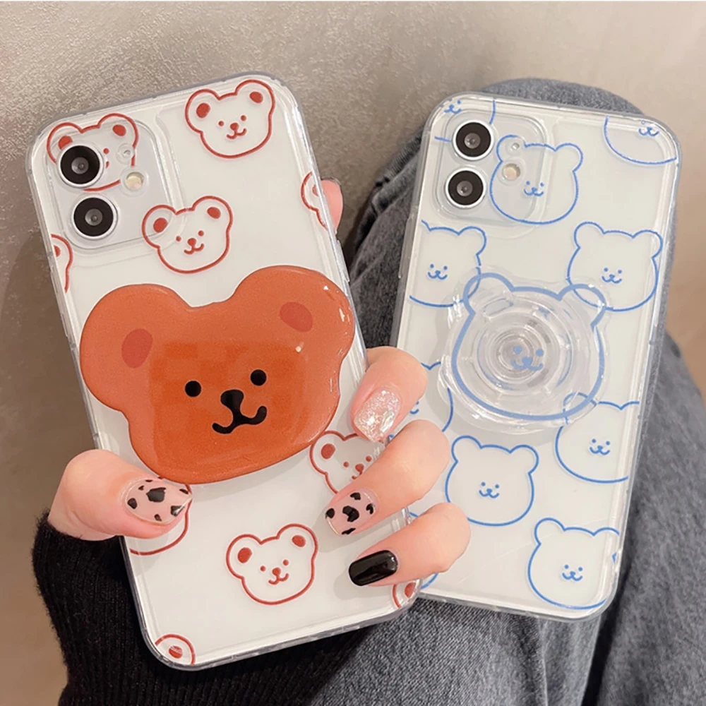 

INS Korean 3D Cute Bear Cartoon Phone Case For iPhone 11 12 13 Pro XS Max X XR 7 8 Plus Stand Holder Clear Soft TPU Back Cover