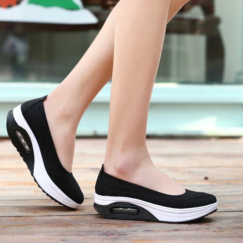 Women Lace Hollow Slip On Flat Shoes Air Cushion Platform Sneakers Female Shallow High Heel Wedge Casual Flat Breathable Soft