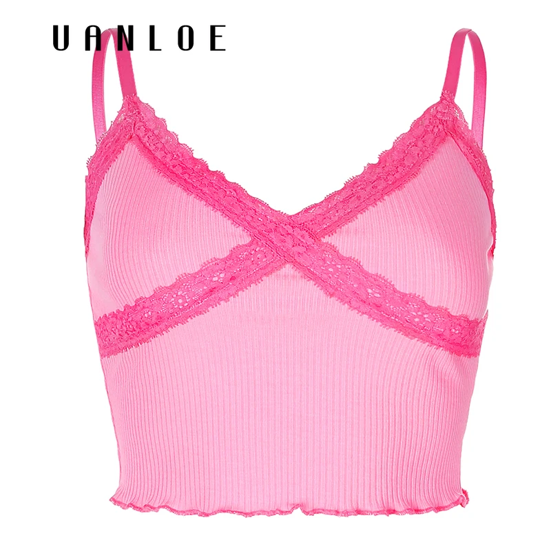 

Patchwork Lace Ruffles Sweet Crop Top Women V-neck Streetwear Spaghetti Strap Camisole Sexy Backless Knitting Slim Tops