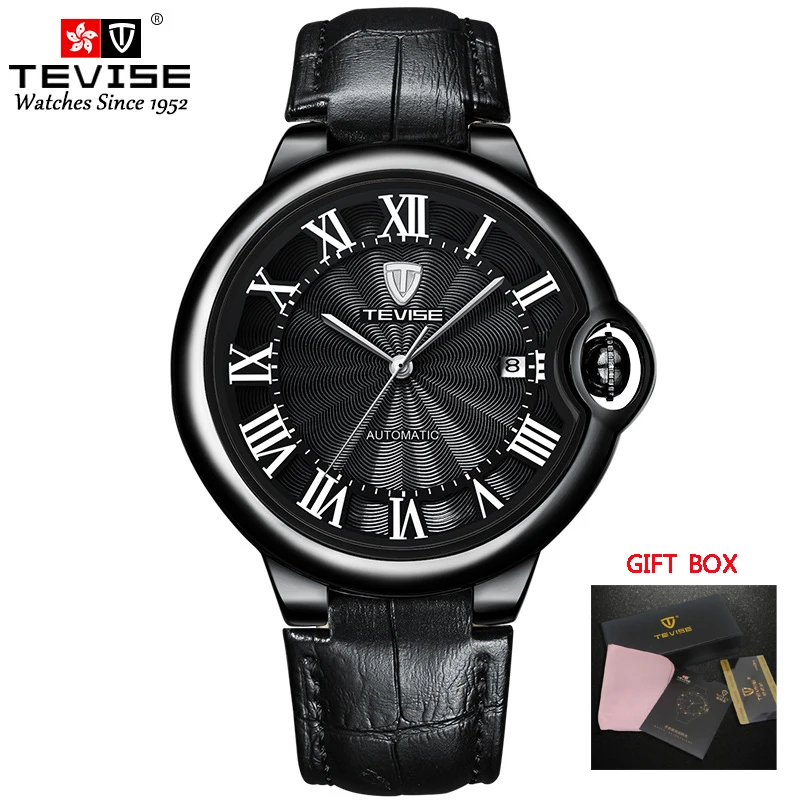 leather black Tevise мужские часы автоматические механические часы лучший бренд класса люкс золотые водонепроницаемые стальные мужские наручные часы для мужчин Relogio Masculino - Цвет: leather black