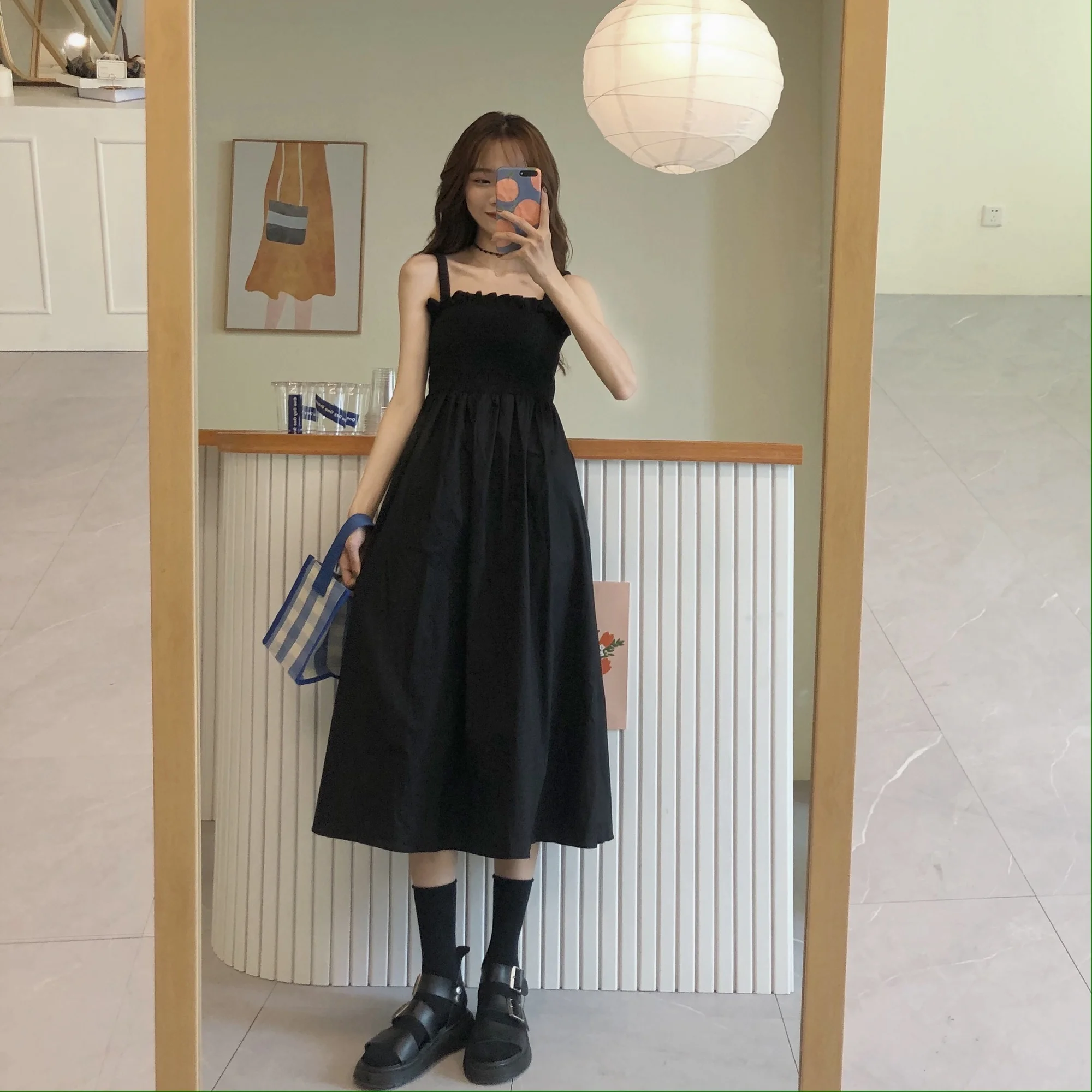

French Style Retro Kikyo First Love Black Dress Temperament Overknee Long Fried Street Slimming Suspender Dress for Women Summer