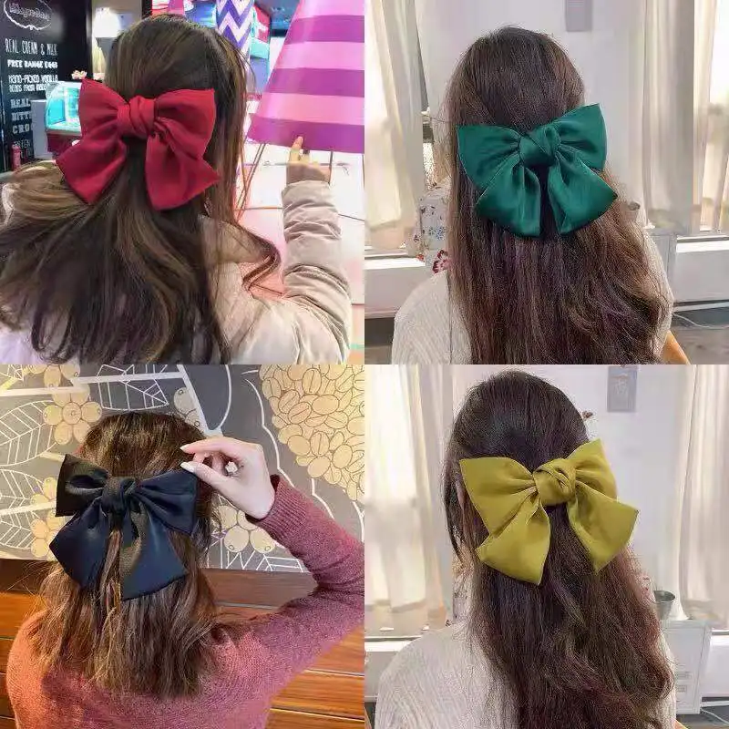 

2021 New Bow Satin Hairpin Spring Clip Ladies Elegant Temperament Hair Accessories Duckbill Clip Girl Cute Hairpin