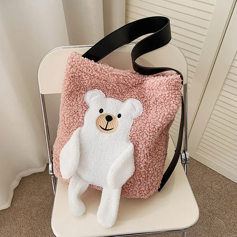 

Winter Women Lamb Wool Shoulder Bag Handbag Tote Large Capacity Cartoon Bear Embroidery Shopping Bag Cute Book Bags For Girls