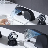AZOS LED Waterfall Bathroom Faucet 3 Holes Dual Crystal Knob Handle Widespread 8 Inch Deck Mount Bathroom Sink Faucet Black