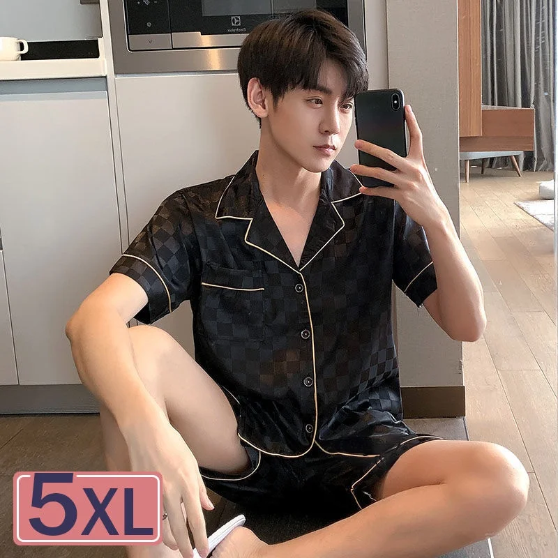 couple snight pijamas M-5XL Summer Short Plaid Silk Pajama for Men 2pc Plus Size Short Set 3xl Pijama Hombre Loungewear Homewear