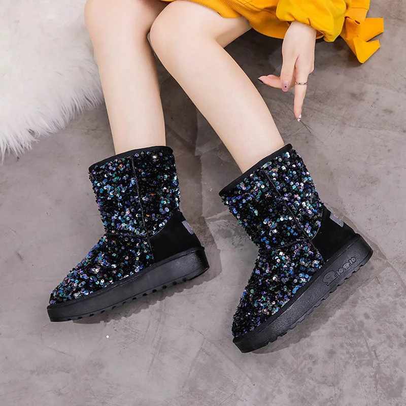 Зимние сапоги с блестками женские короткие трубы из бархата на низком каблуке
