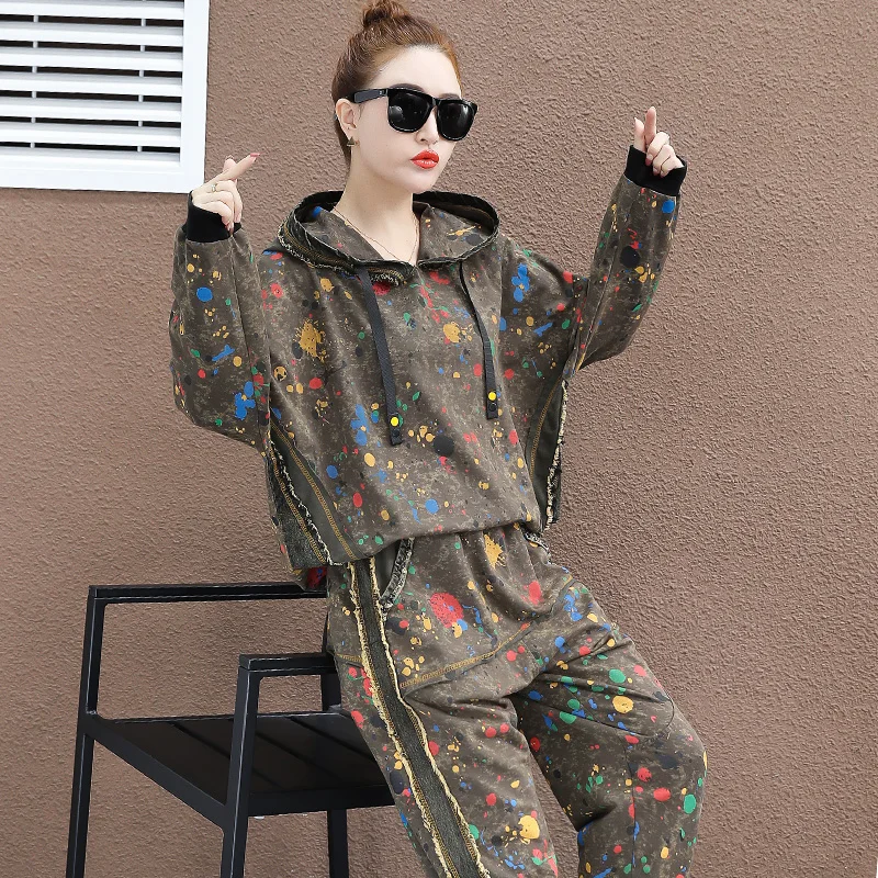 

2020 autumn winter women two piece set sweatshirt tie dye outfit pants crop top co ord set active wear festival clothing