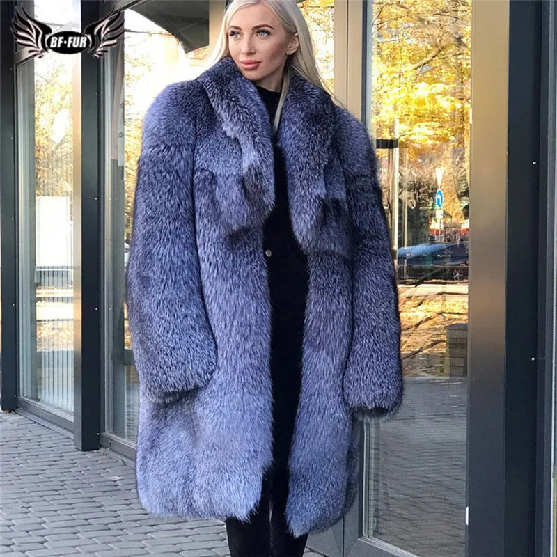 

BFFUR Long Real Silver Fox Fur Coat Thick Warm Winter Women Overcoat Luxury High Quality Natural Whole Skin Genuine Fox Fur Coat