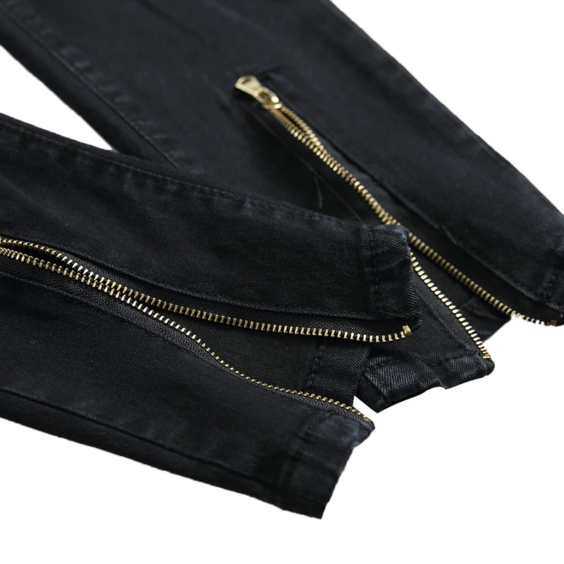 

New Sale Cross Border Men's Wear Hole Slim Hem Zipper Jeans Amazon Elastic Leg Jeans Pants