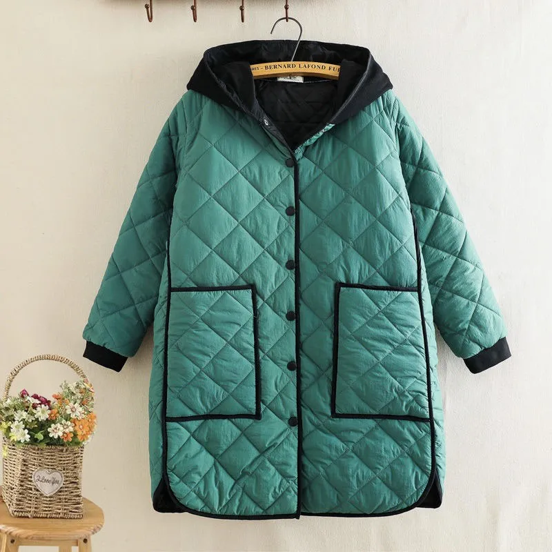 

New Arrival Winter Fashion Women Loose Hooded Long Parka All-matched Casual Single Breasted Cotton Padded Jacket Size 4XL M488