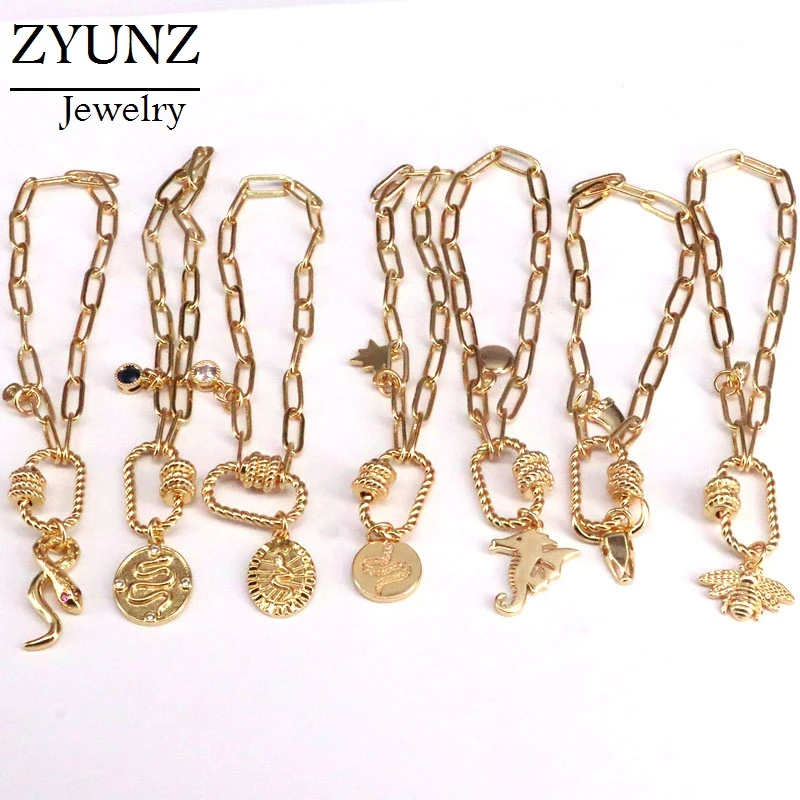 

10 шт., Микс браслеты, CZ Pave Jesus/Shell/Moon/Snake/Eye Charms браслет, винт овальной застежкой браслет, Панк звено цепи браслеты