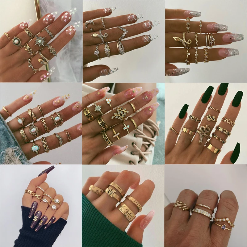 Tocona Шарм змея золотистого цвета комплект колец для женские блестящие со стразами