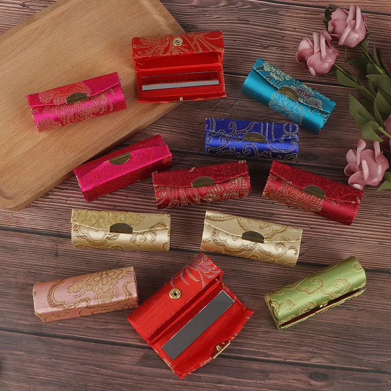 Чехол для женской помады в стиле ретро с вышитыми цветами и зеркальной упаковкой